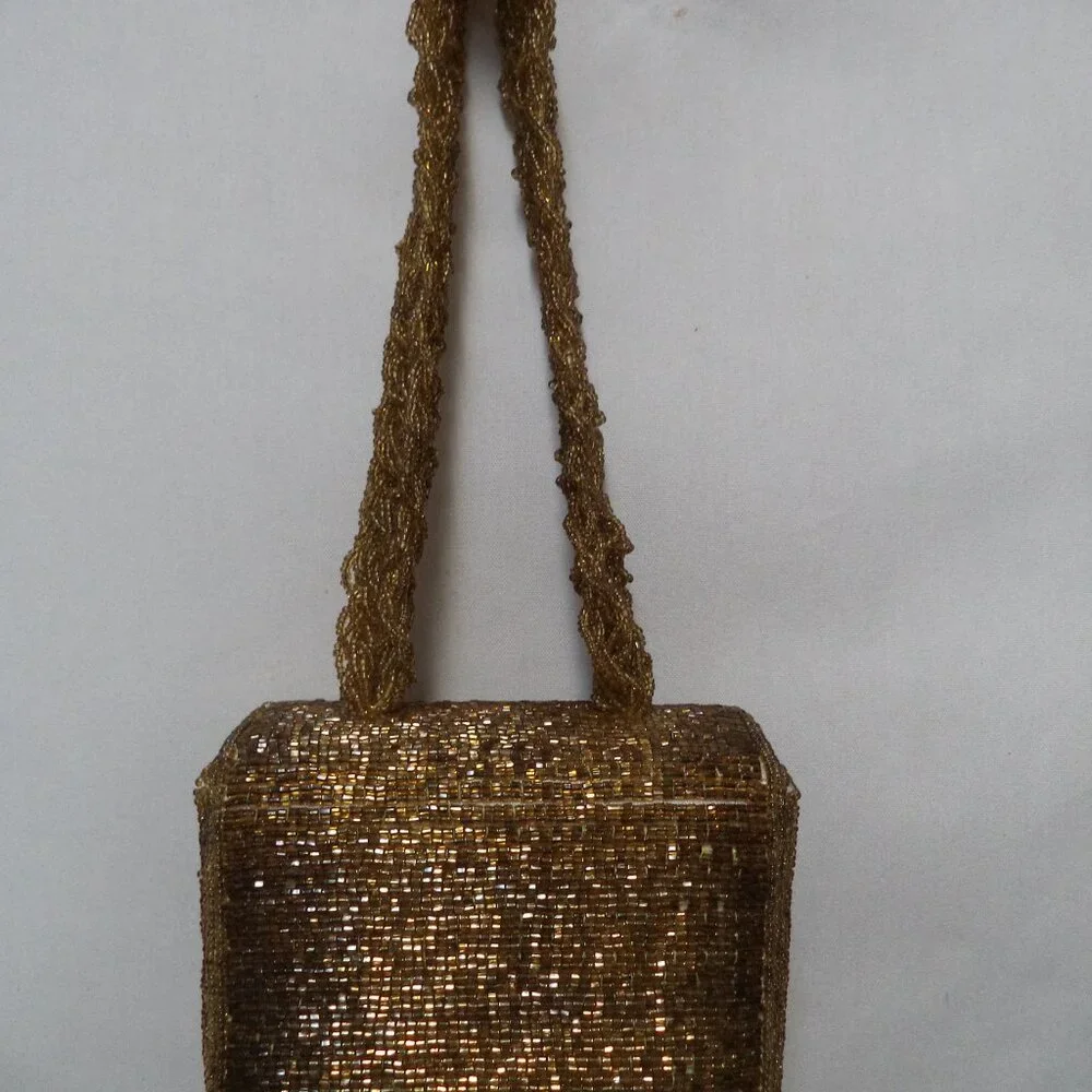 Vintage gold Beaded Box handbag purse small Beaded strap w/ Mirror Occasion